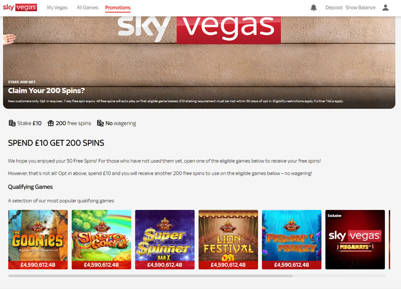 Sky Vegas Free 200 Spins Promotions page