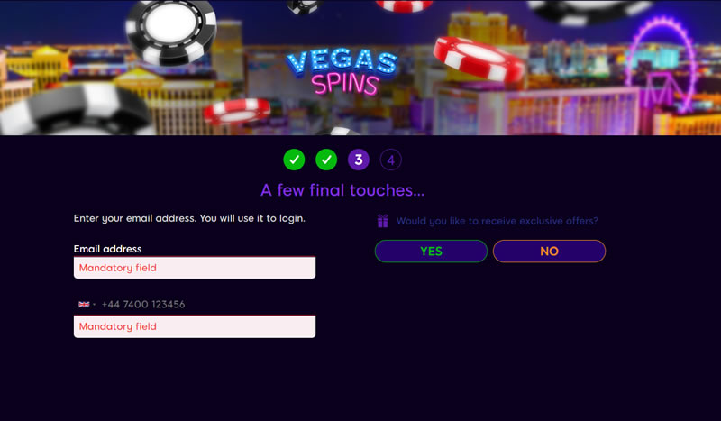 Vegas Spins Registration Screen requiring email address 